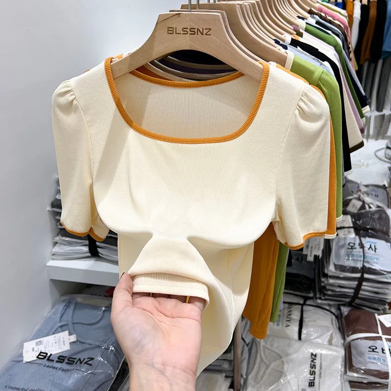 Shoulder Short-sleeved T-shirt Women's 2024 New Summer Clavicle Square Collar Small Shirt Short French Puff Sleeve Top Trendy