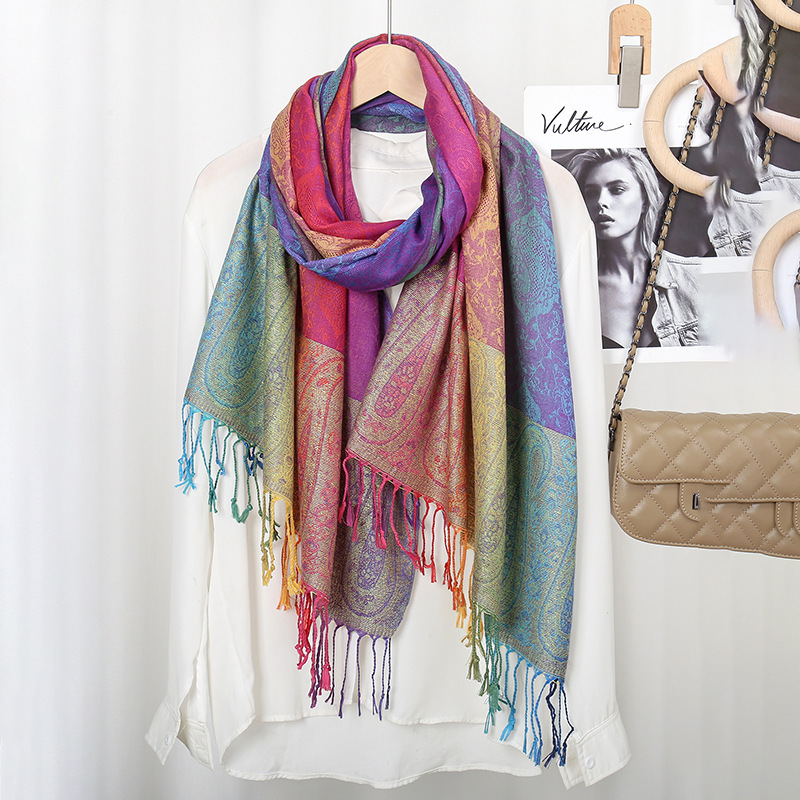 Picture of Amazon Same Style Ethnic Style Color Cashew Embroidered Long Scarf Rainbow Gradient Tassel Scarf Shawl Women's Bag Turban