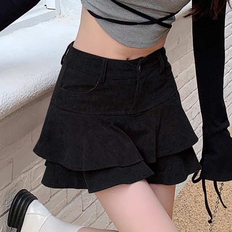 brown Corduroy Pleated Skirt Women's 2025 New Autumn and Winter High Waist Casual A- Shaped Hip Puffy Cake Skirt