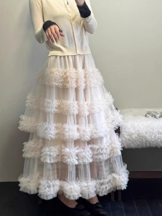 2025 Niche Fairy Atmosphere Long Skirt Korean Style Simple Mesh Splicing Layered Cake Layered Skirt