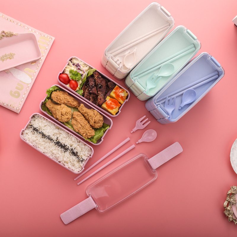 Cross-border Wheat Straw Japanese lunch box for Men and Women Students lunch box Three-layer Microwave Heating lunch lunch box