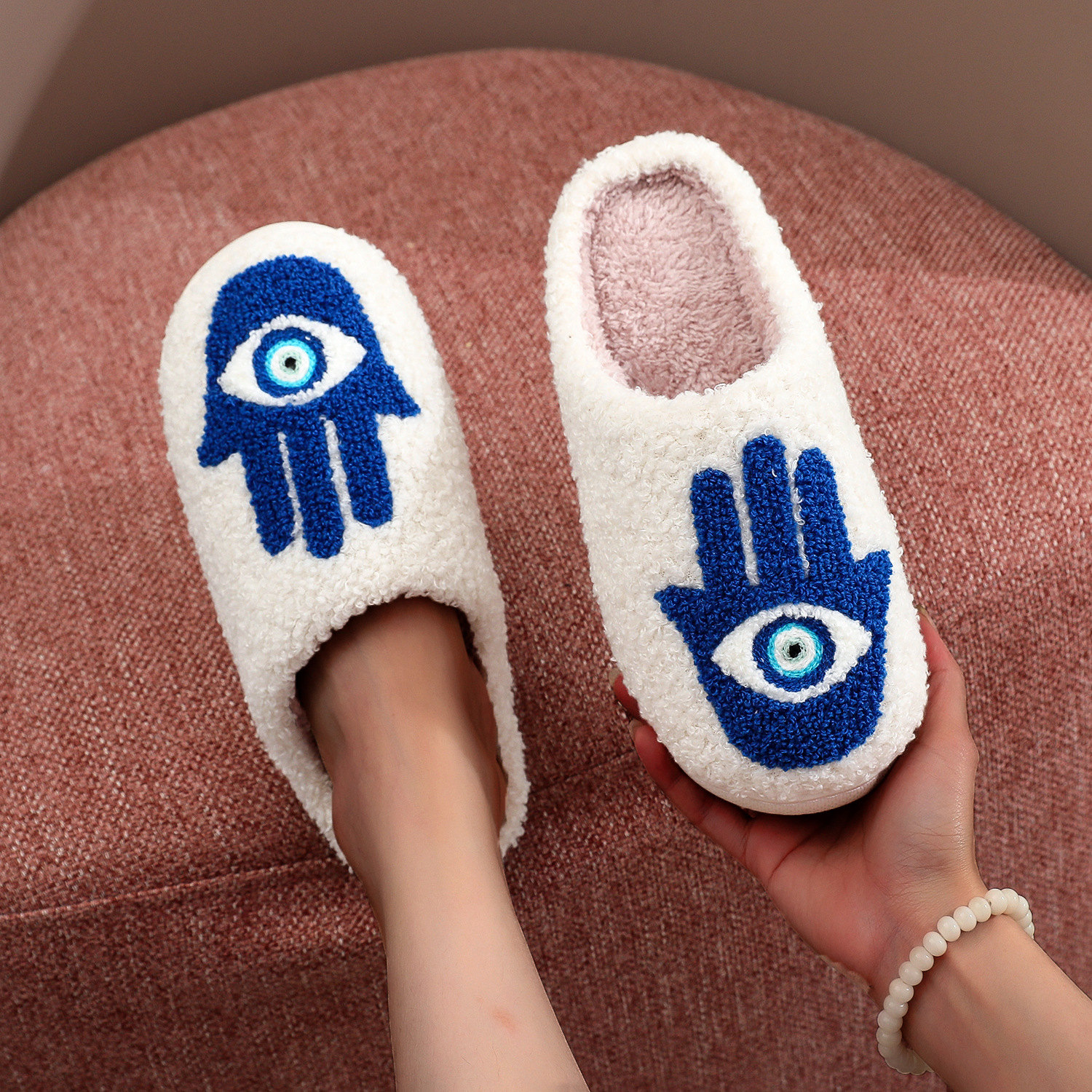 Middle Eastern Fatima's Hand Amulet Pattern Embroidered Cotton Slippers for Men and Women Winter Plaid Wool Slippers European and American Hot Sale