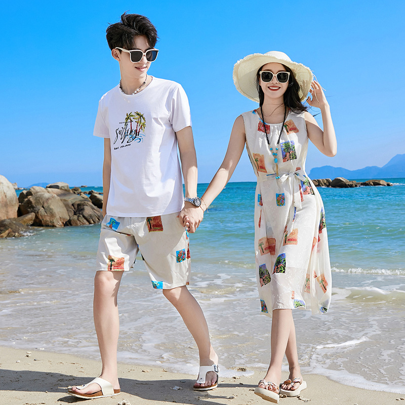 Picture of Seaside Holiday parent-child suit a three-Mouth beach dress female women's clothing high-end Western style chiffon dress a family of four