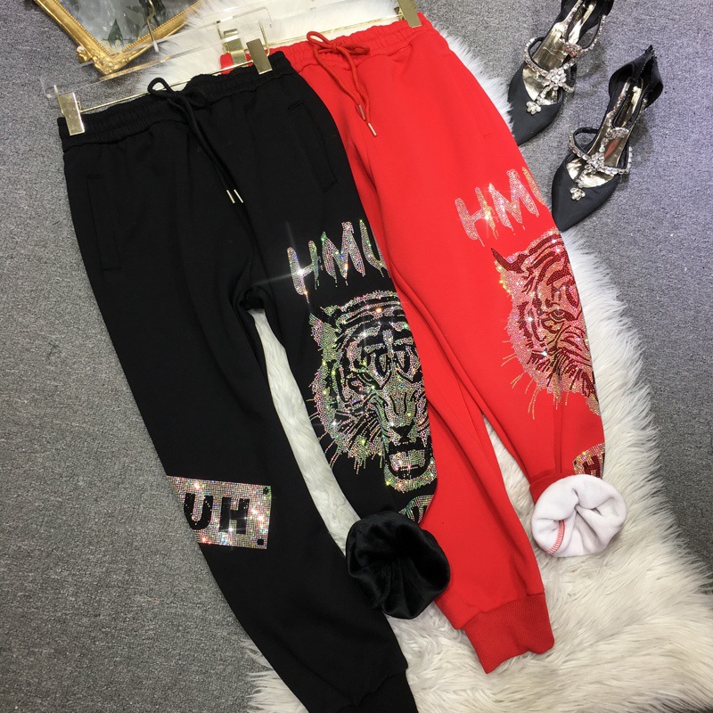 Extra Large Size 1.00 kg-150.00 kg chubby girl fleece-lined Thickened Sweatpants Women's European-made Heavy Industry Hot Drilling Tiger Head Sports Casual Pants