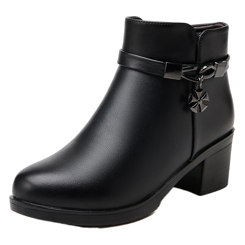 Mom's shoes winter fleece-lined winter shoes middle-aged autumn and winter women's shoes middle-heel non-slip leather shoes cotton-padded shoes warm short boots