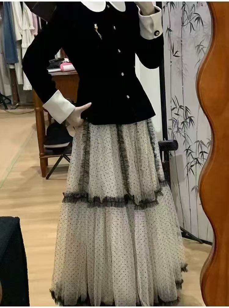 French Style Polar Dot Mesh Stitching Layer-by-Layer Tutu Skirt Women's Winter 2024 New Arrival High Waist Loose Large Skirt with Ear Edge