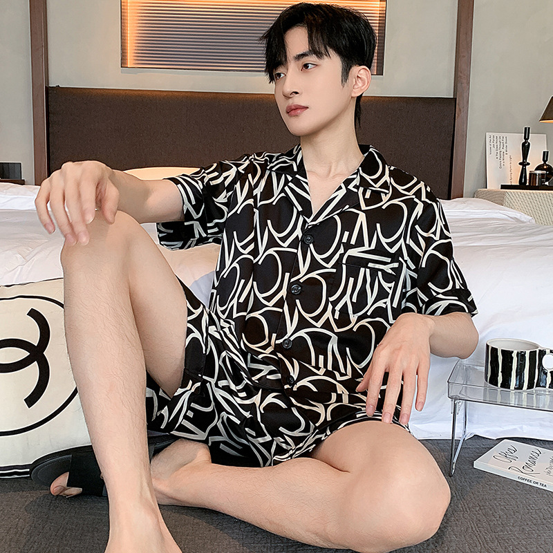 2024 new summer ice silk pajamas men's short-sleeved summer satin chiffon thin youth home wear suit