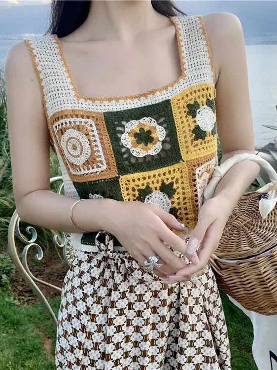Summer Vintage Knitted Crochet Hollow Vest 2024 New Unique Niche Sling Belt Ethnic Style Women's Top