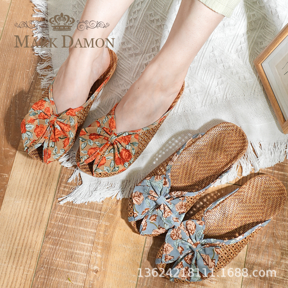 New Summer Rattan Grass Woven Linen Slippers for Women Korean Style Bow Toe Mat Bamboo Slippers Home Wholesale