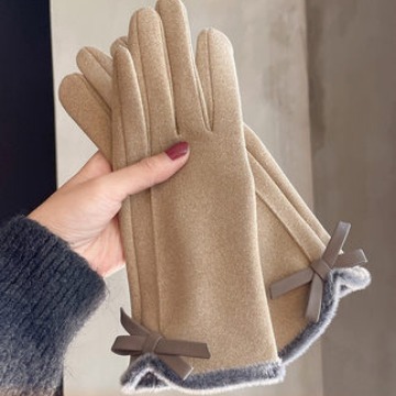 Gloves Women's Winter Korean-style Cute Bow Fleece-lined Thickened Warm Touch Screen Riding Driving Cold-proof Gloves
