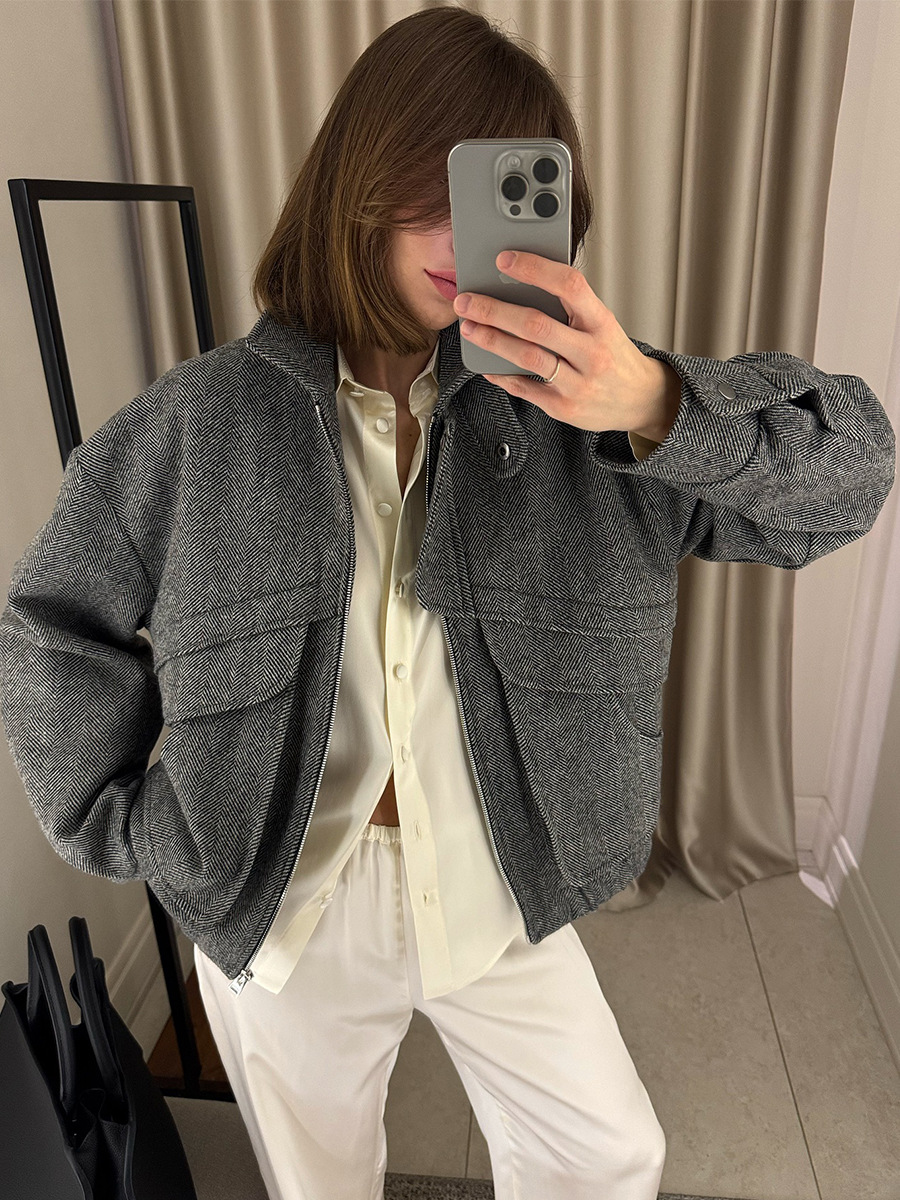 Cross-border herringbone pattern stand-up collar jacket Europe and the United States 2025 autumn/winter new zippered top with pocket loose woolen jacket