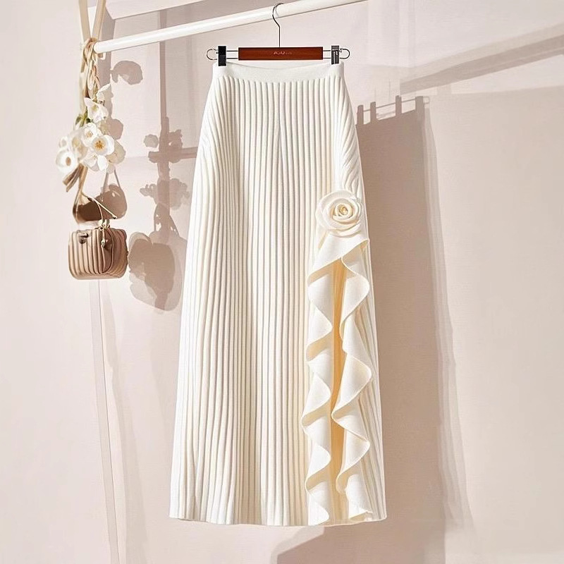 French Rose Irregular A- line Skirt Women's 2024 Autumn and Winter New High Waist Slimming Mid-length Knitted Skirt