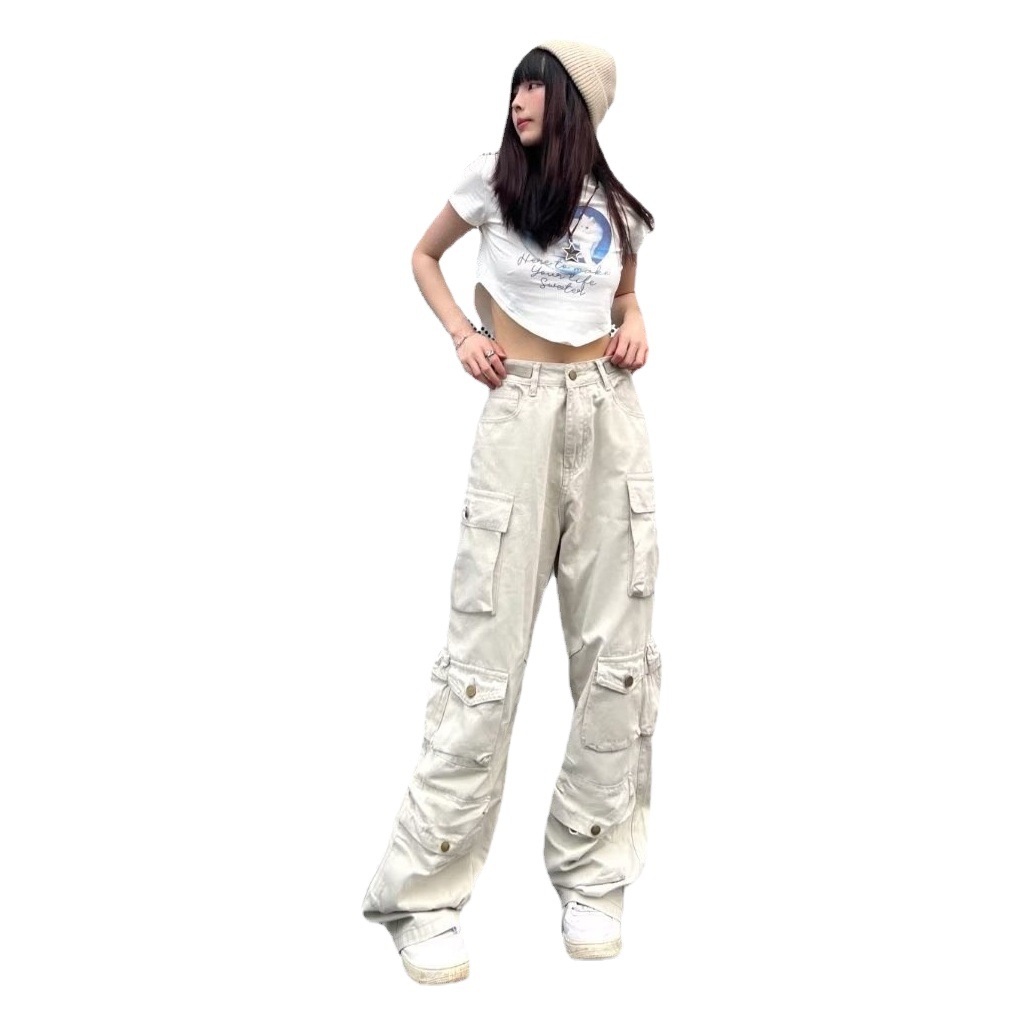 American retro functional overalls women's fashion brand high street fried street ruffle handsome high sense all-match women's ruffle handsome pants fashion