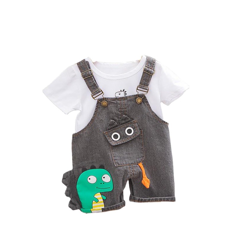 Summer New Children's Cartoon Dinosaur Short-sleeved Suspender Pants Set Round Neck Printed Short-sleeved Shorts Two-piece Set