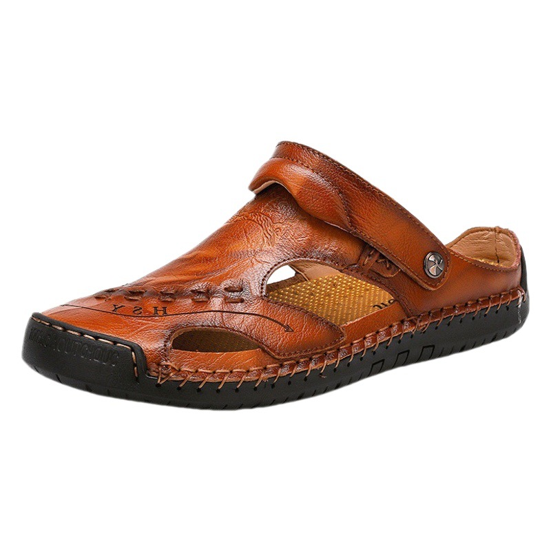 Cross-border new men's summer men's shoes casual hole real leather shoes closed toe sandals fashion half slippers beach plus size
