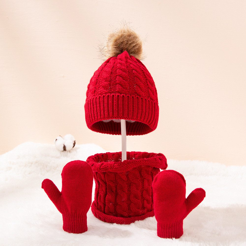 Picture of New wool monochrome twist warm children's hat scarf gloves two or three-piece spot children's hat set