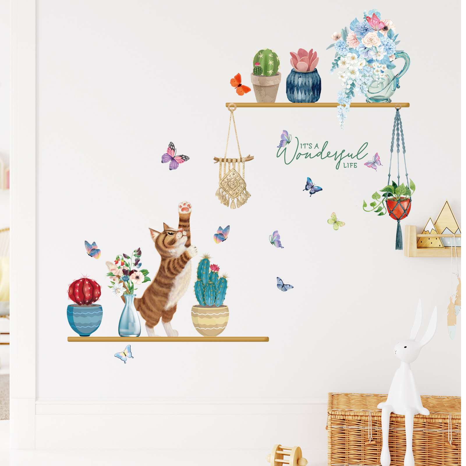 Ms-Ja019 Cartoon Plant Potted Plant Stand Cute Cat Restaurant Kitchen Decoration Creative Wall Sticker Cute and Fun