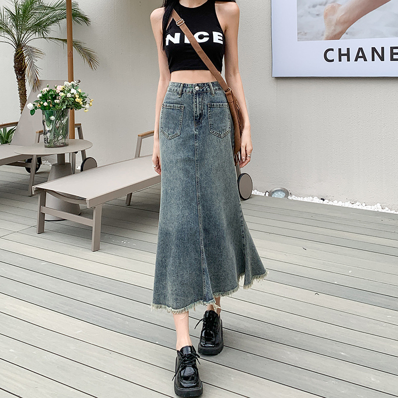 Picture of Vintage Fishtail Skirt Denim Skirt Women's ins Style Design Sense Niche A- line Hip High Waist Half-length Skirt