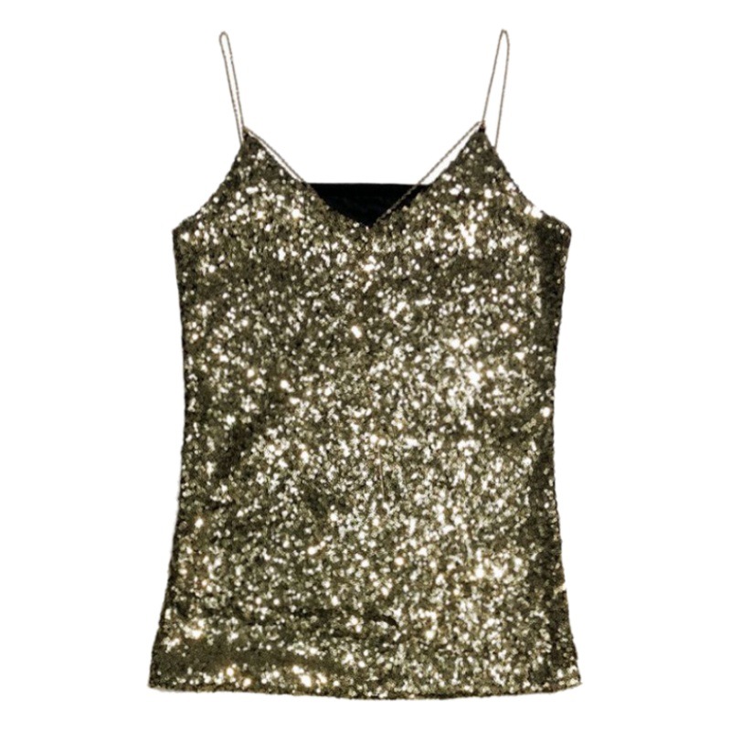 Spring 2020 New Sexy V-neck Metal Chain Black Sequin Camisole Outer Wear Base Shirt Top Women