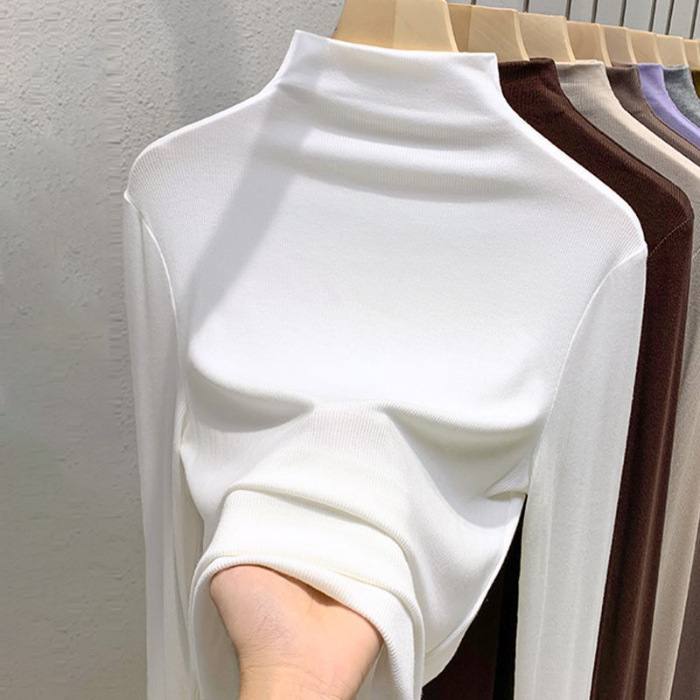 Picture of 180g Threaded Semi-high Collar Base Shirt Women's New Spring Autumn and Winter Fashion Long Sleeve T-shirt Slim Fit Velvet Inner Top