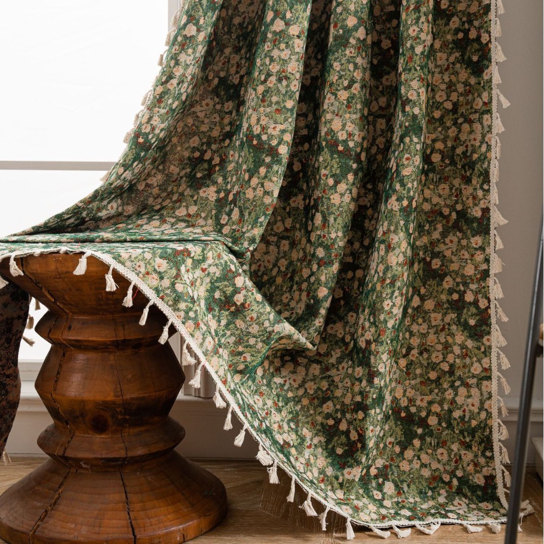 Yiman Qiyun French Curtain Retro Style Thickened Fresh Curtain Finished Semi-Shaded Green Monet Oil Painting
