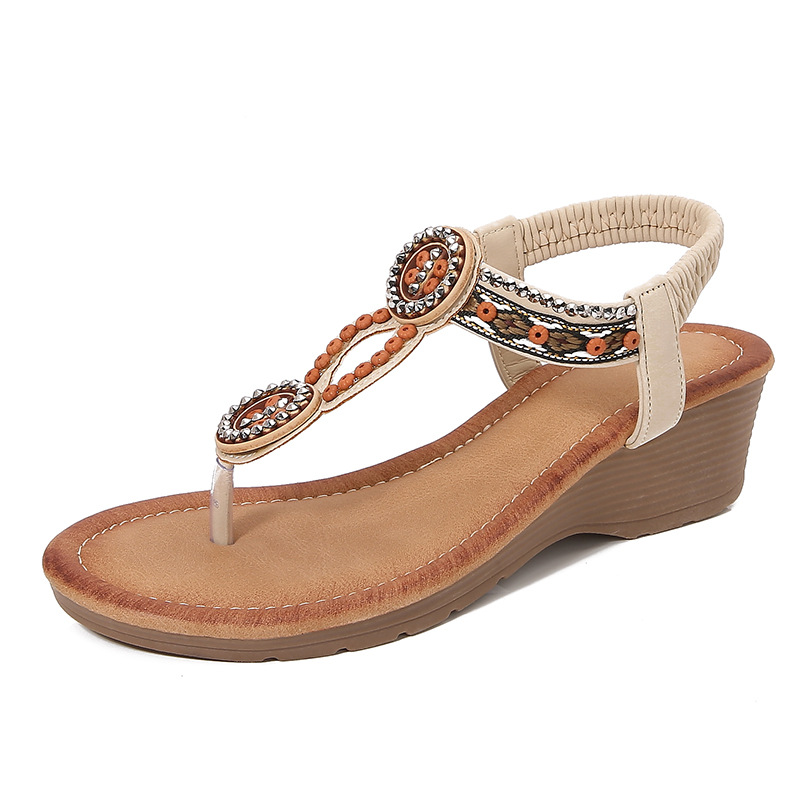 2025Ladies Shoes Cross-Border Bohemian New Fashion Rhinestone Sandals Korean Style Thick-Soled Wedge Women's Shoes