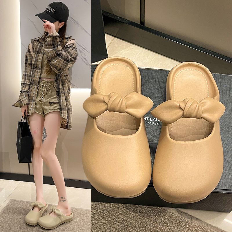 Soft Bottom Baotou Slippers Women's Outer Wear Lazy Shoes 2024 Summer New French Bow Slip-on Half Shoes