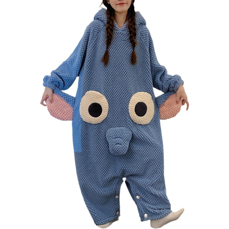 Winter One-piece Pajamas Women's Cartoon fleece-lined Thickened Plush Warm Hooded Girl's Home Clothes suit
