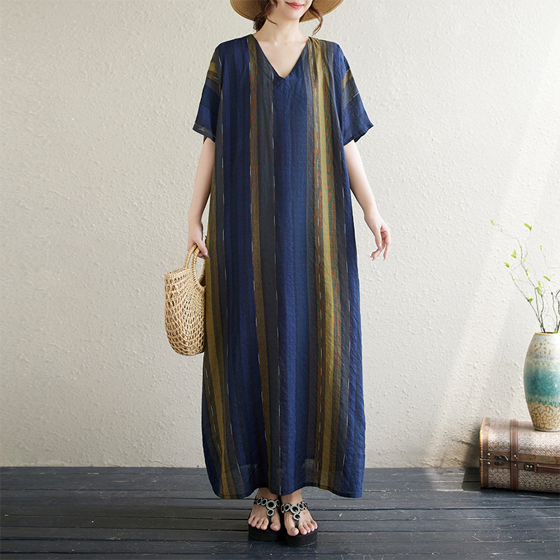 2024 Summer Thin Striped Printed V-Neck dress Loose plus size Ethnic Style Travel Robe for Women