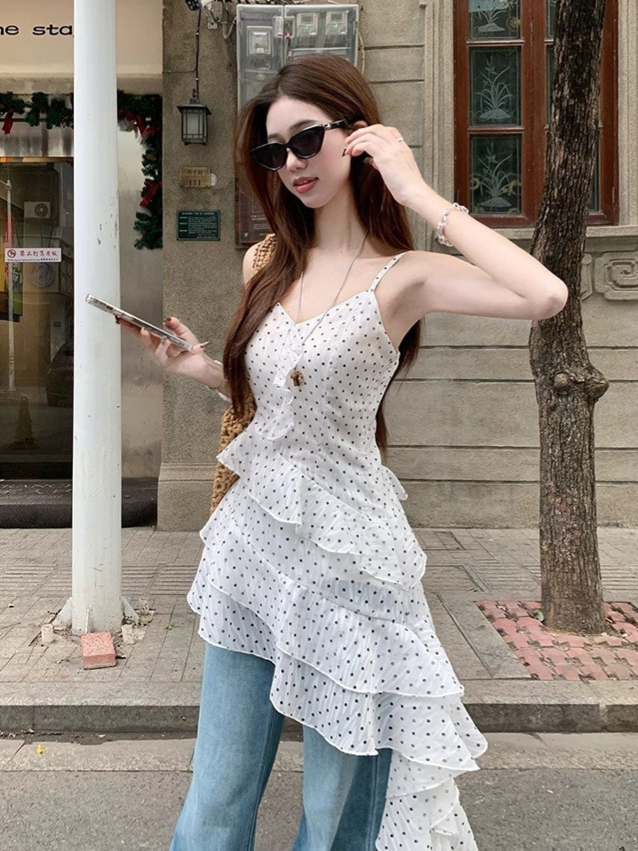 Korean Style Wave Point Ruffled Sling dress Women's 2025 Early Spring New Arrival Seaside Vacation Style Irregular Fashion Skirt
