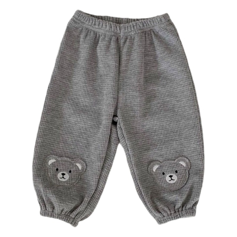 Picture of 2024 Spring Children's pants cute bear waffle pants thin outer wear baby baby casual ankle-tied pants