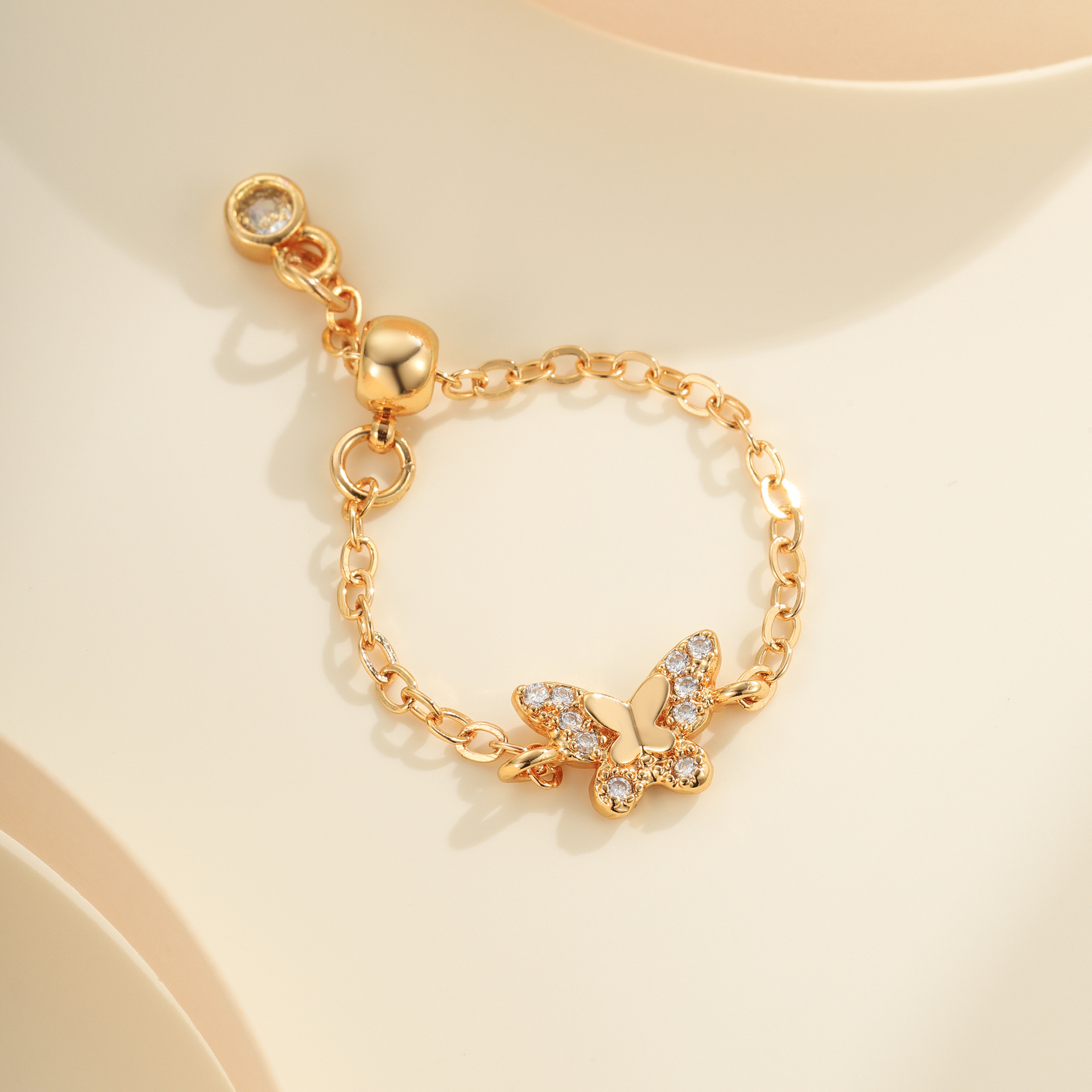 Cross-Border E-Commerce Fashion Personalized Design Butterfly Heart-Shaped Zircon Ring Women's Ins Popular Chain Adjustable Ring