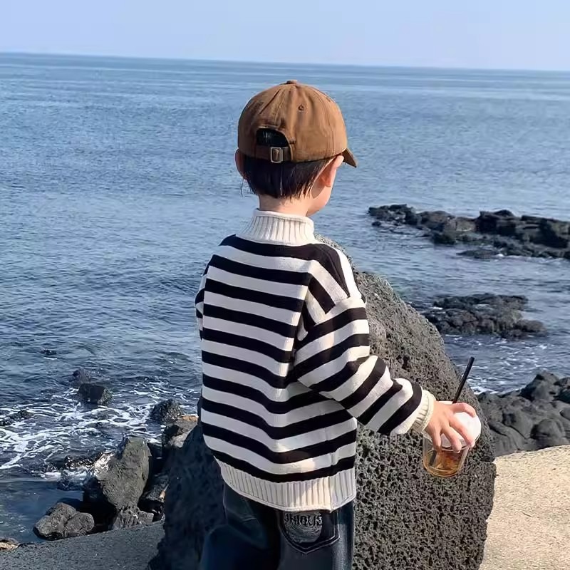 Picture of Girls' Sweater Turtleneck Autumn and Winter Boys' Thickened Striped Inner Wear Children's Baby's Knitted Base fleece-lined Sweater