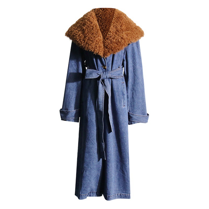 Fashionable Long Windbreaker Jacket 2025 Autum New Detachable Fur Collar Niche Design Denim Jacket