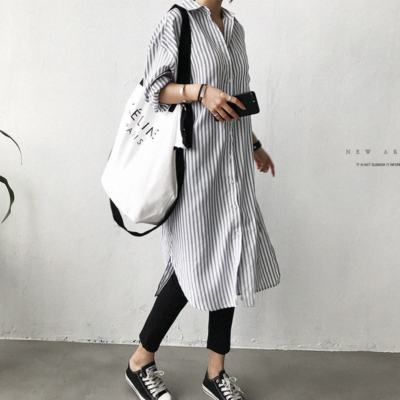 Picture of 2022 early autumn lazy cold wind long striped shirt dress loose plus size women's Korean striped long lining