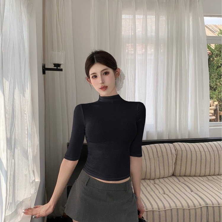 Hot Girl Slim Fit Pure Desire Slimming Look Mid-Sleeve Design New High-Waisted Top Spring and Summer Women's 2025 T-Shirt Sexy Half Turtleneck