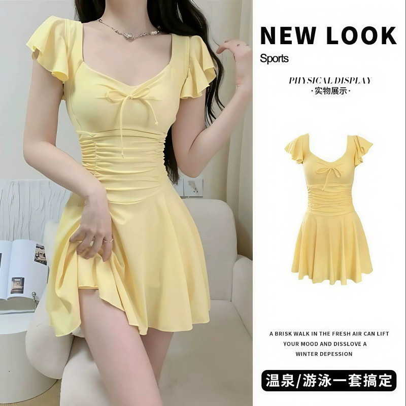 2025 New High-end Hot Spring Swimsuit Girls' Skirt-style Conjoined Conservative Belly-covering Slimming Women's Small Chest Gathering Cross-border
