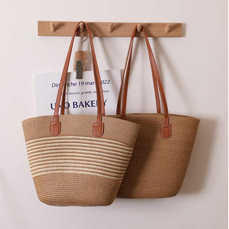 Striped Shoulder Straw Woven Bag Woven Bag Summer New Large Capacity Casual All-match Women's Beach Rattan Woven Bag