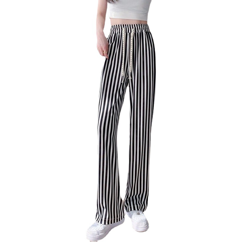 150kg Women's Wide-Leg Pants Summer Thin Black and White Vertical Striped Pants Loose Slimming Straight High-Elastic Slimming