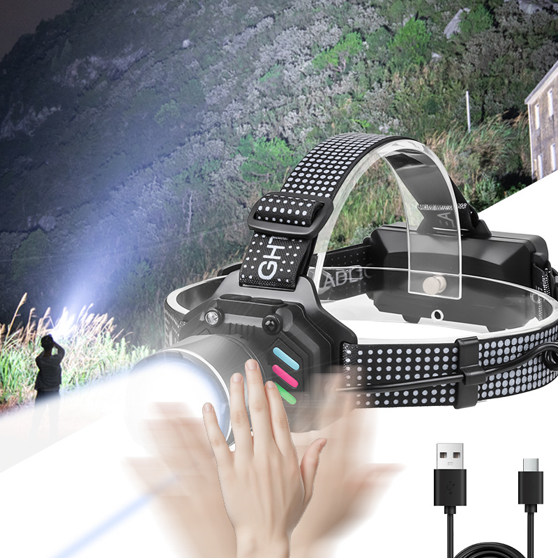 Cross-Border New Product Dual Light Source Zoom Headlight Strong Light Sensor Long-Range Led Outdoor Long-Life Head-Mounted Searchlight