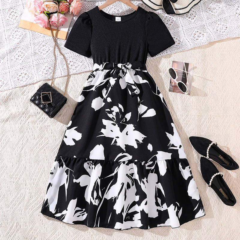 Girl's Big Girl's Dress Summer Amazon AliExpress European and American New Floral Print Fashion Elegant Elegant dress