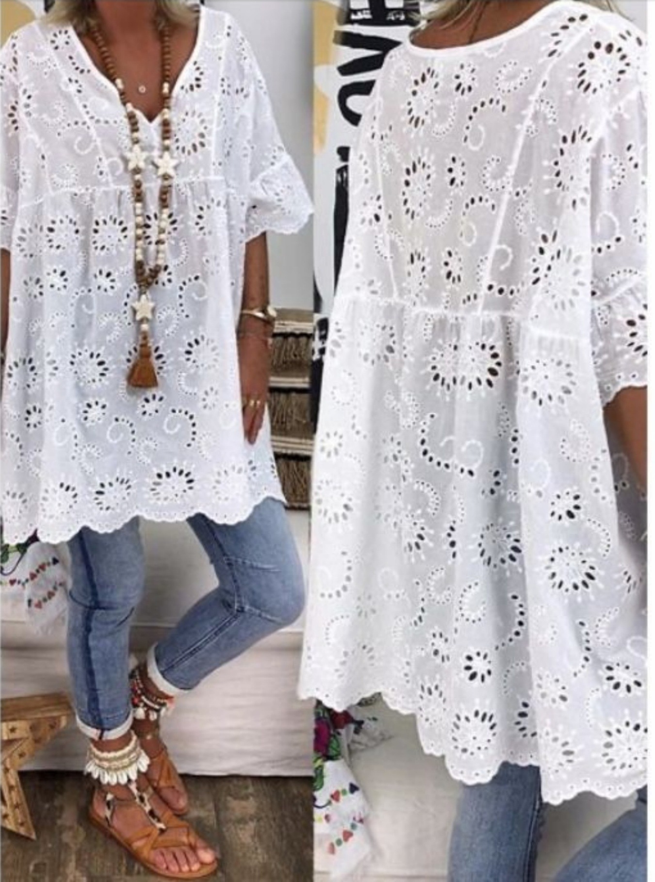 Cross-Border European and American Clothing Solid Color Embroidered Hollow Fabric V Neck Dress