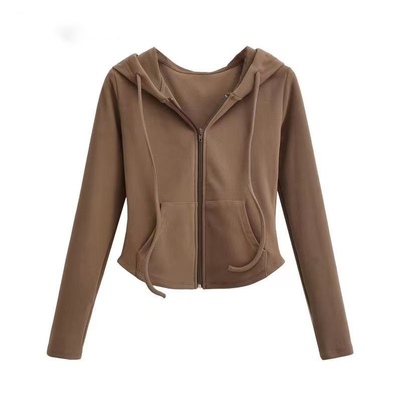 Picture of De velvet hot girl style hooded cardigan sweater coat for women Spring and Autumn slim fit waist slimming long sleeve short top fashion