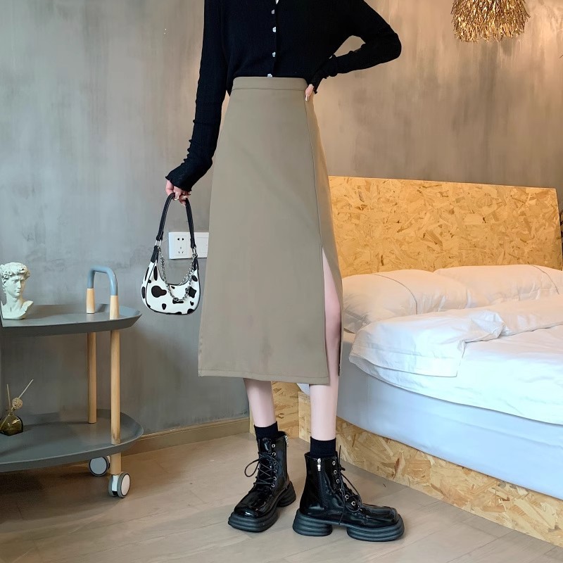 Women's skirt, western women's autumn n slimming temperament, open A-line bag, wishbone skirt, mid-length is side 653 slit skirt