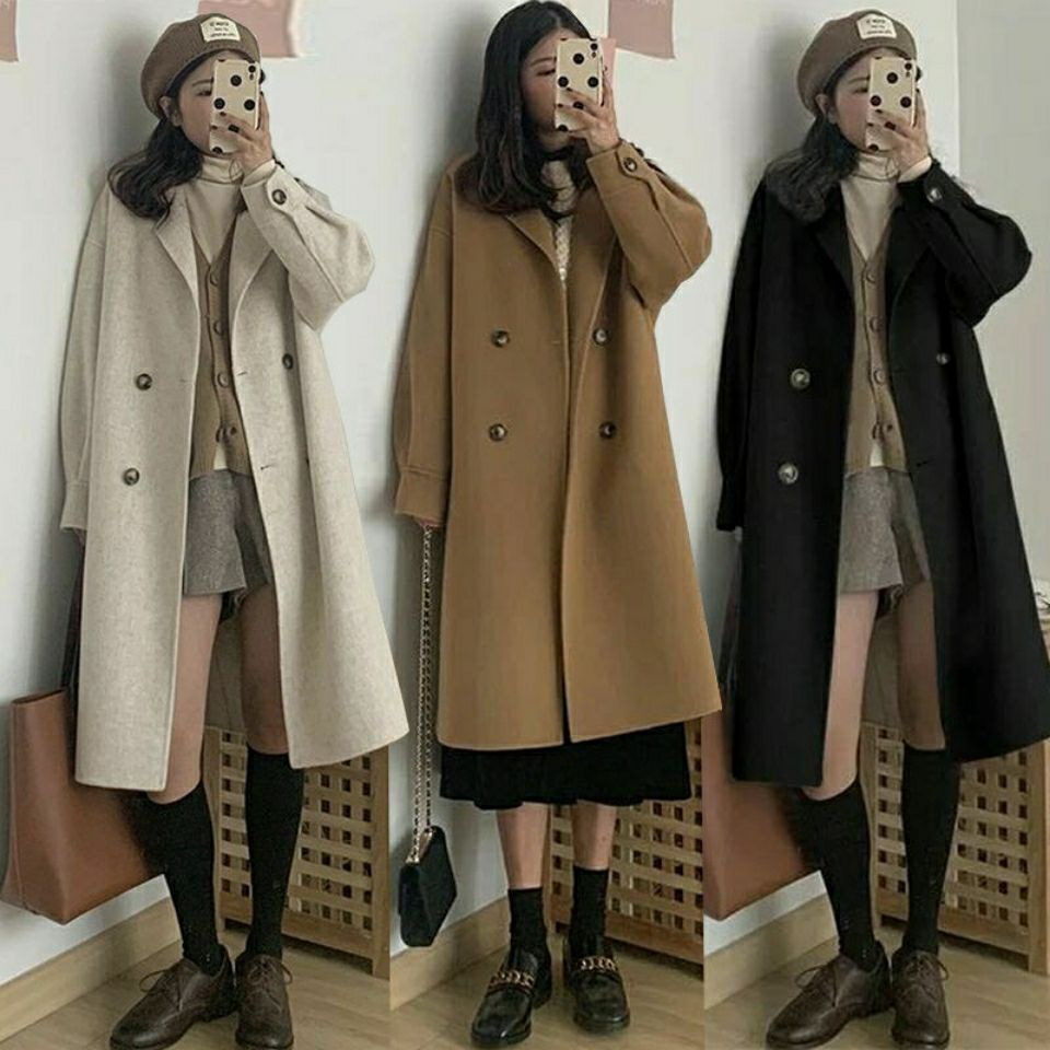 Hepburn Style British Pure Color Mid-Length Woolen Outwear 2025 Autumn and Winter Loose Lazy Small Woolen Outwear for Women
