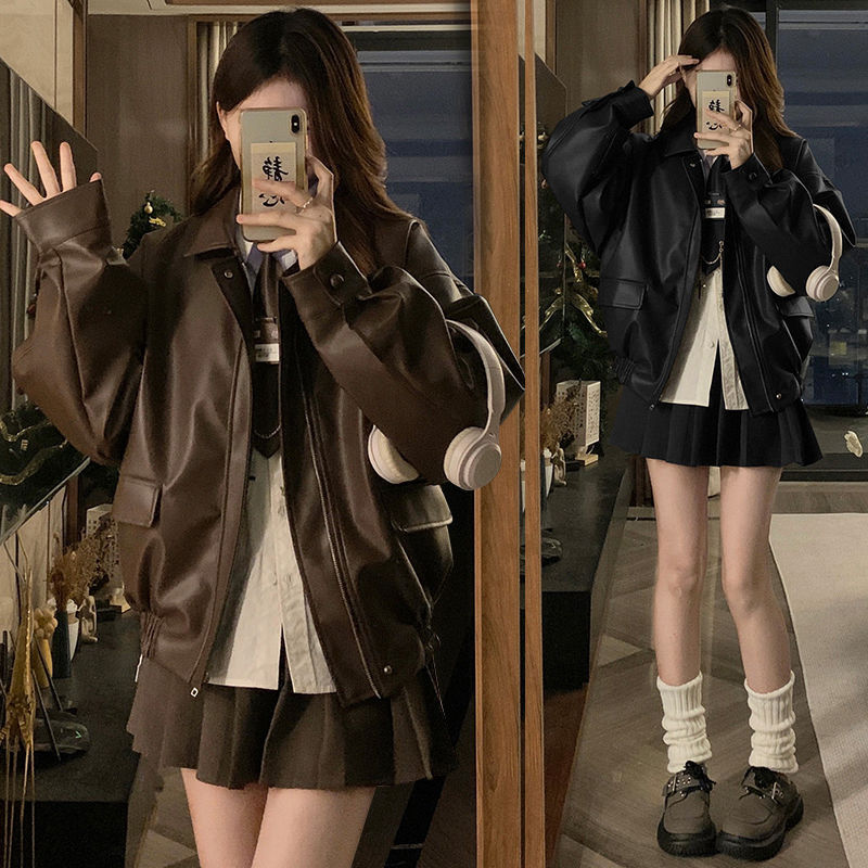Ancora Red Leather Short Coat Female Student 2025 Spring and Autumn New American Style Retro Baseball Suit Leather Jacket Top