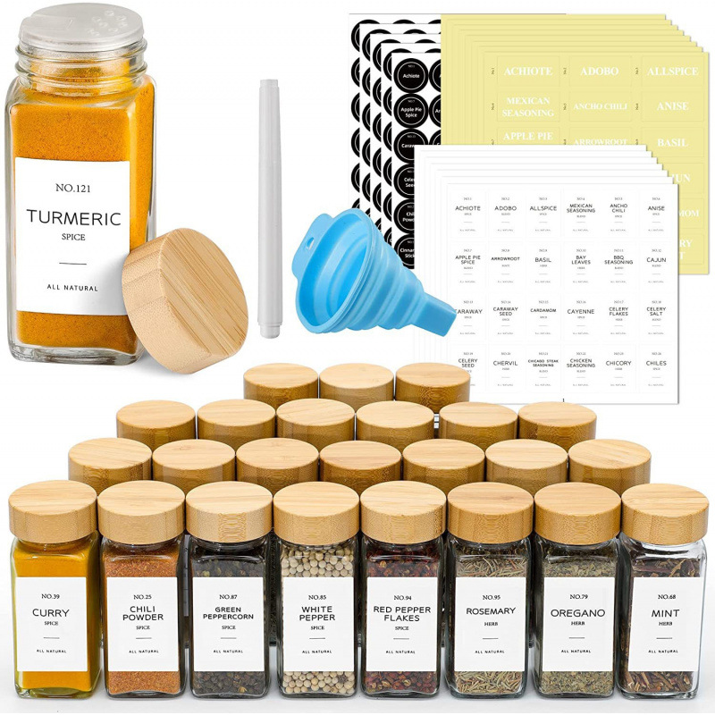 Amazon Best Selling 120ml Bamboo Lid Glass Seasoning Bottle 4oz Square Seasoning Jar Glass Bottle Pearl Cotton Packaging