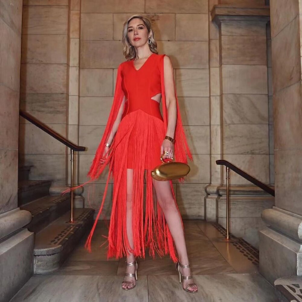 Cross-border High-end Women's European and American Fashion Tassel Red dress Sexy V-neck Side-exposed Waist Sleeveless Cocktail Dress