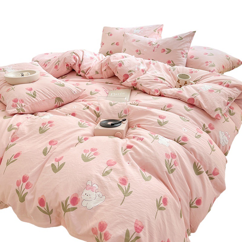 Category a Maternal and Infant Double-Layer Yarn Washed Cotton and Linen Tea Extract Cotton Four-Piece Set Ins Small Fresh Student Dormitory Three-Piece Set Wholesale