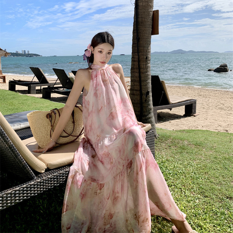 2024 New Chinese Style National Style Neck Hanging dress Women's 2024 Spring Floral Travel Holiday Skirt Jacquard Fabric
